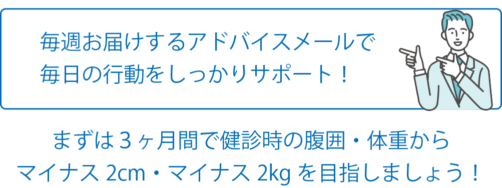 まずは３ヶ月間で健診時の腹囲・体重からマイナス2cm・マイナス2kgを目指しましょう！